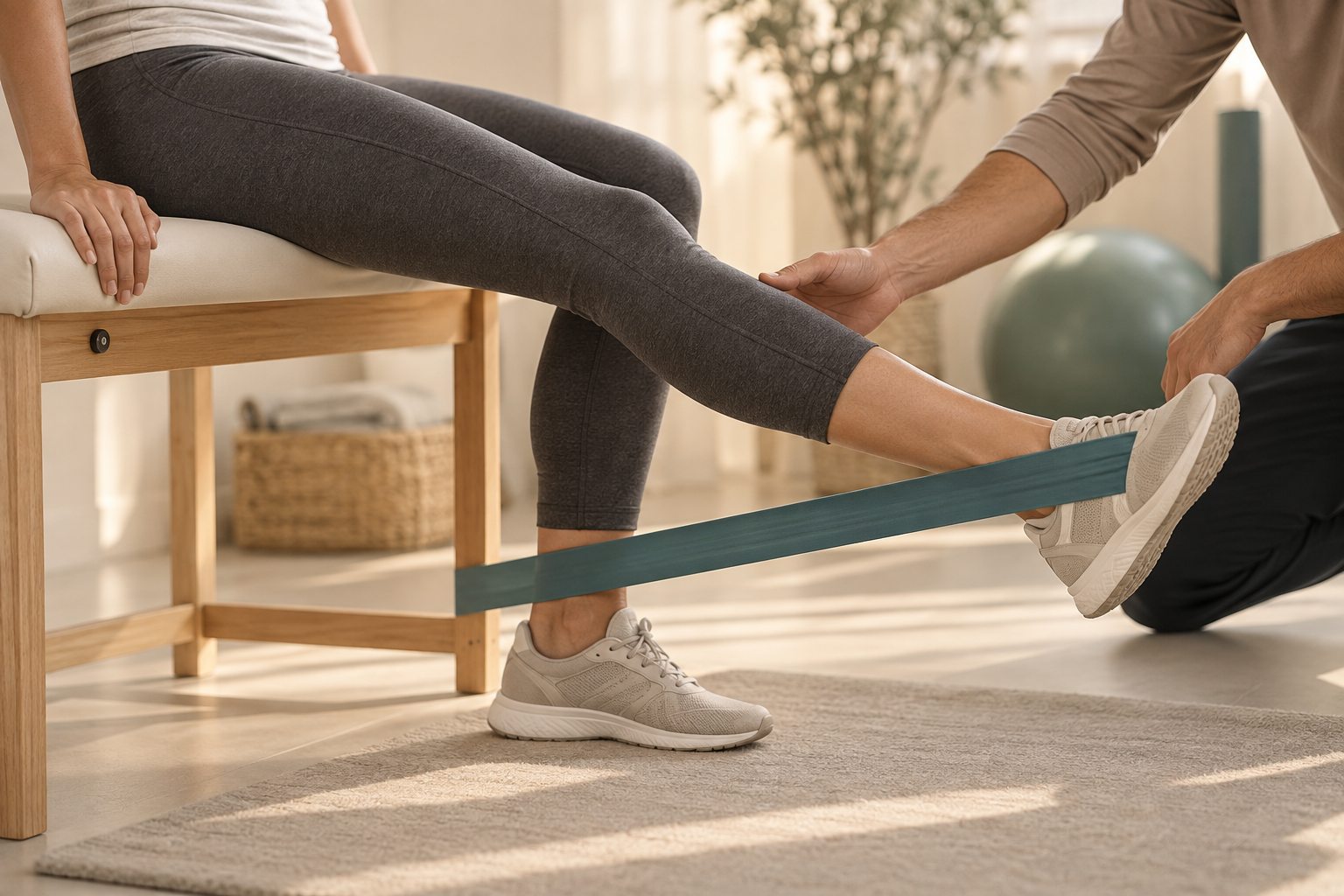 Immagine illustrativa di un esercizio guidato per il ginocchio con una fascia elastica.
