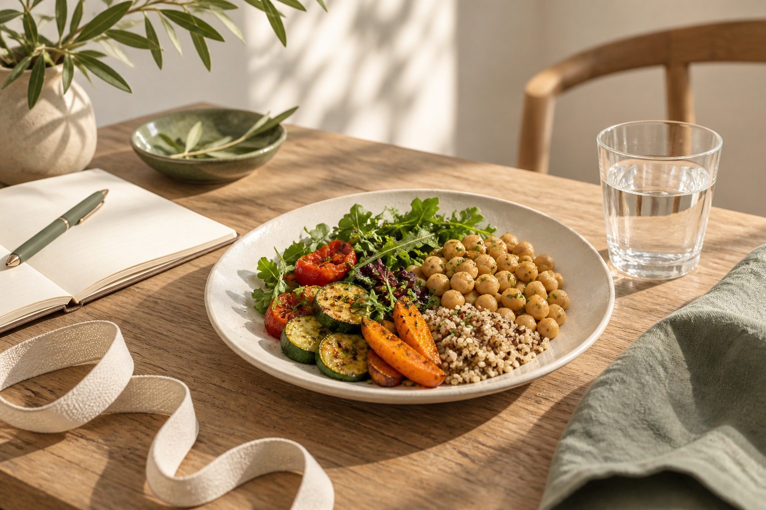 Immagine illustrativa di un pasto con verdure, legumi e cereali, accanto a un taccuino.